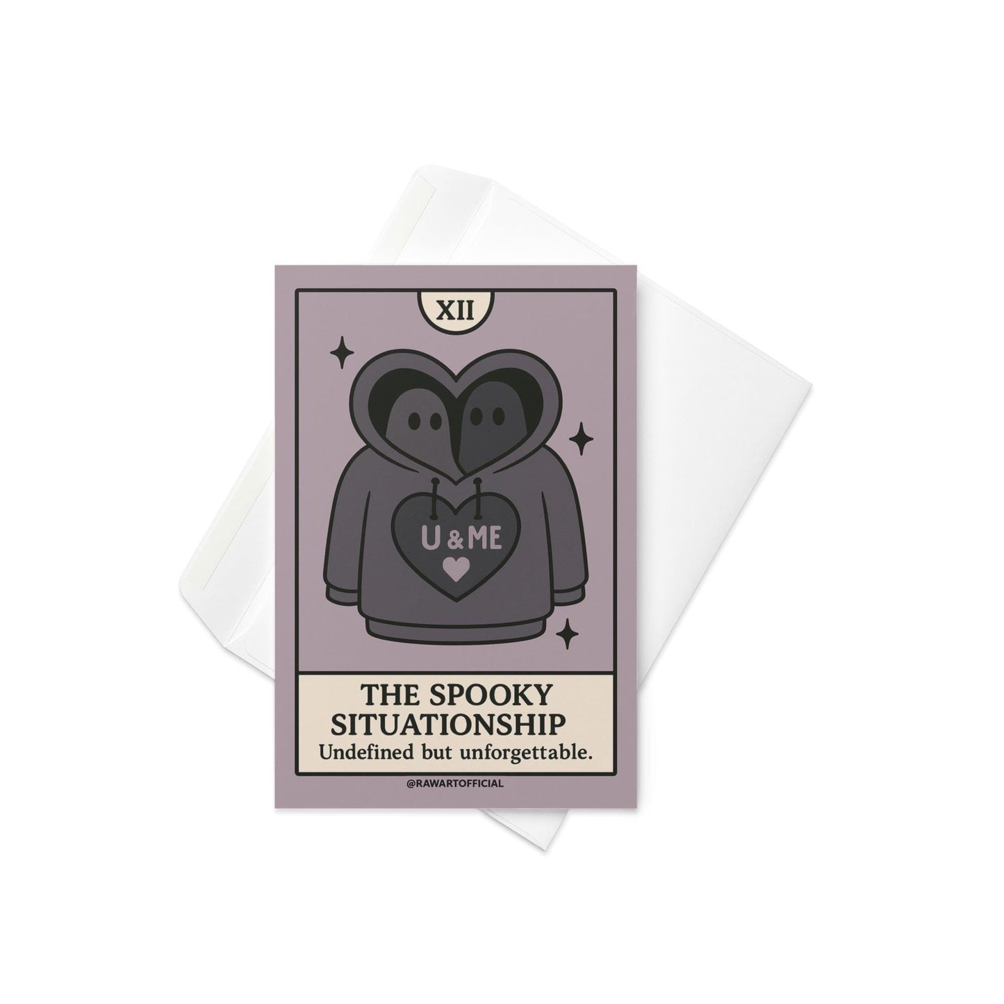 Two hooded ghosts sharing a hoodie with “U & ME” heart, spooky situationship tarot-style design.