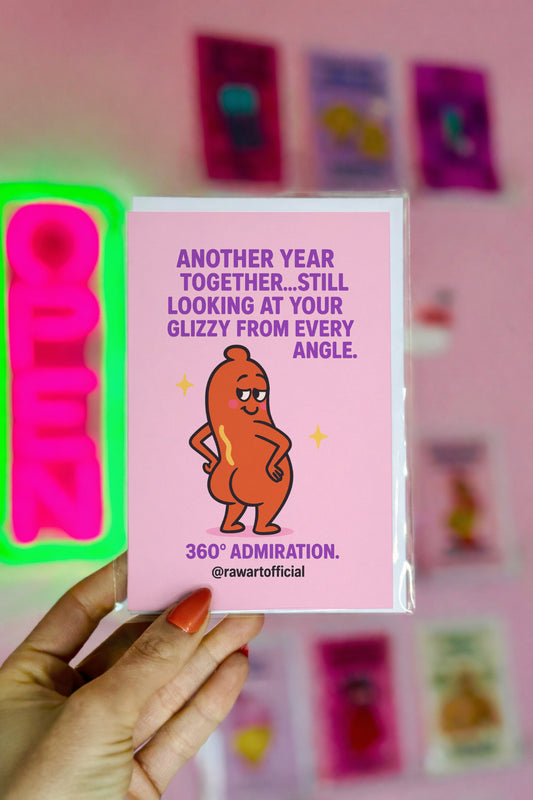 Buff cartoon hot dog posing confidently with sparkles, pink background, funny anniversary message in bold text.