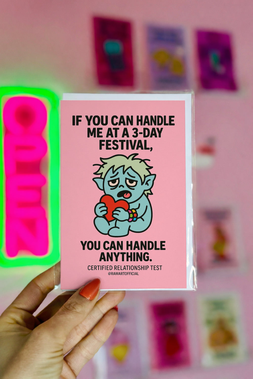 funny relationship card with tired festival character holding heart and text if you can handle me at a 3 day festival you can handle anything