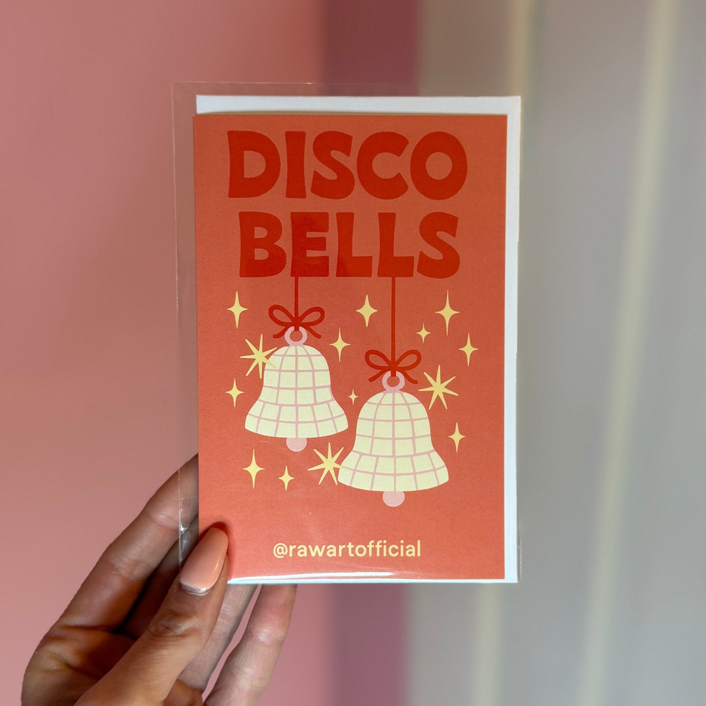 Retro “Disco Bells” Christmas card with sparkly disco ball bells, pink background, festive holiday pun by Hot Mess Paper Co.