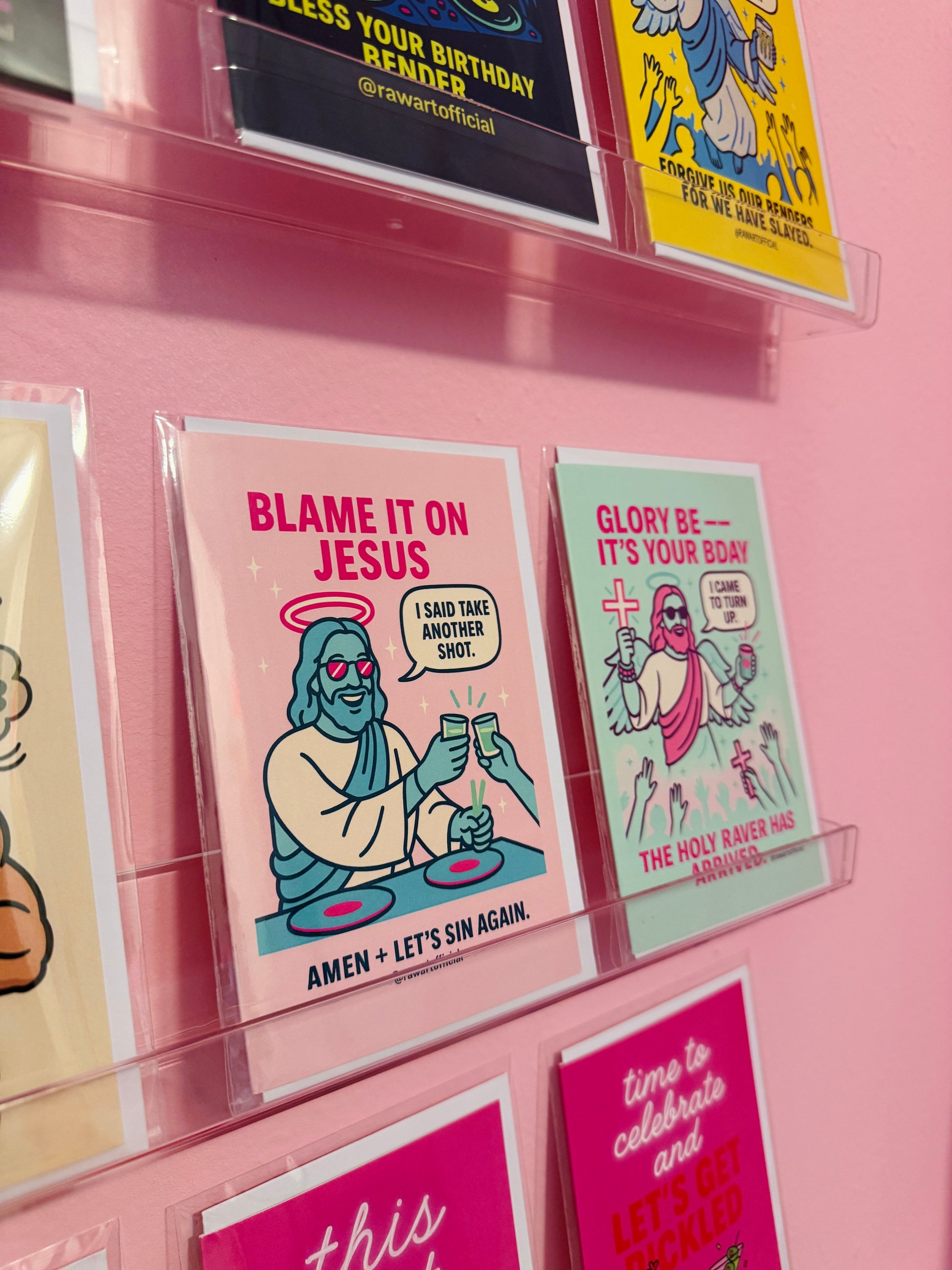 Funny Jesus party birthday card taking shots with neon colors and playful drinking humor.
