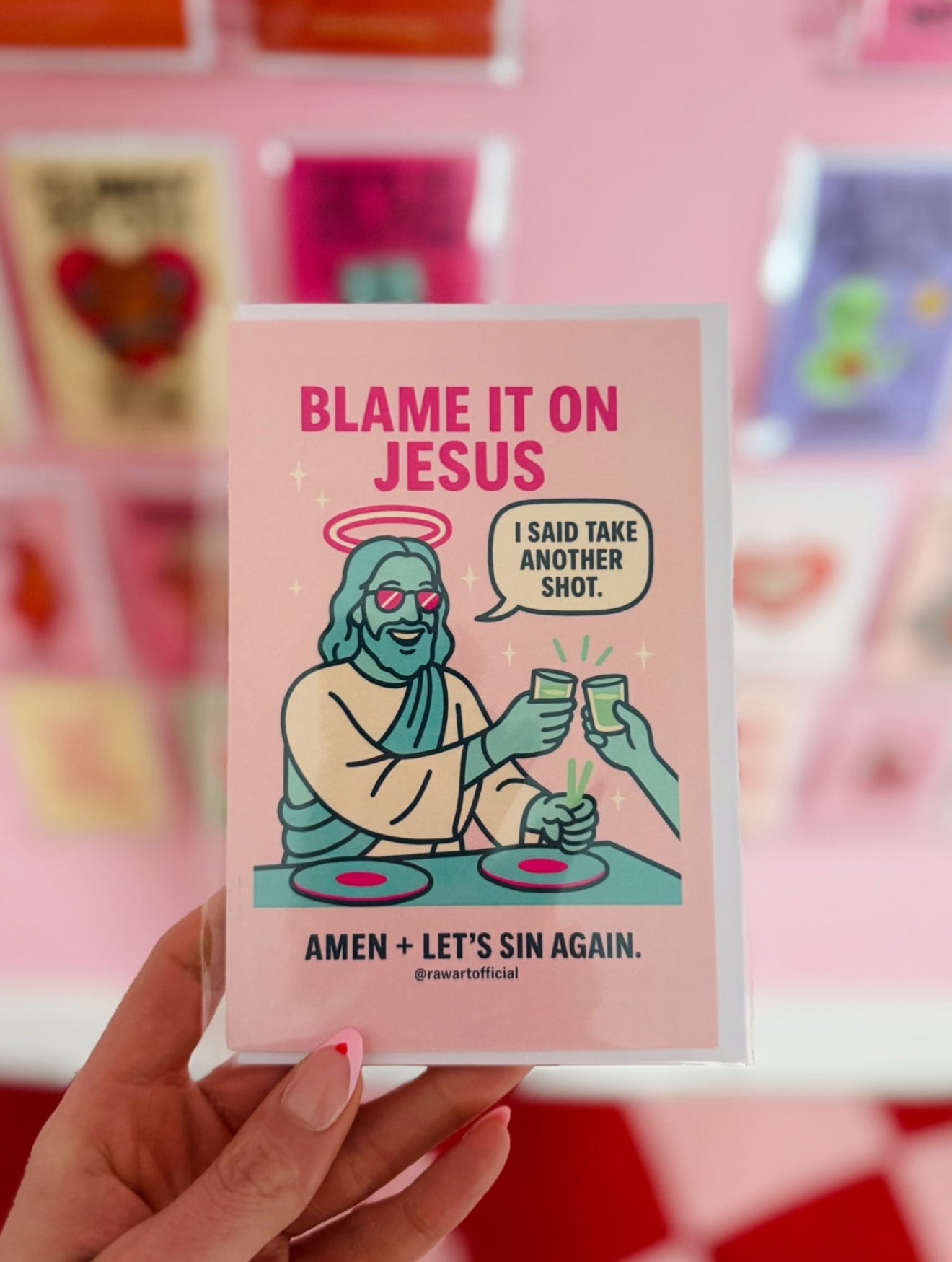 Funny Jesus party birthday card taking shots with neon colors and playful drinking humor.