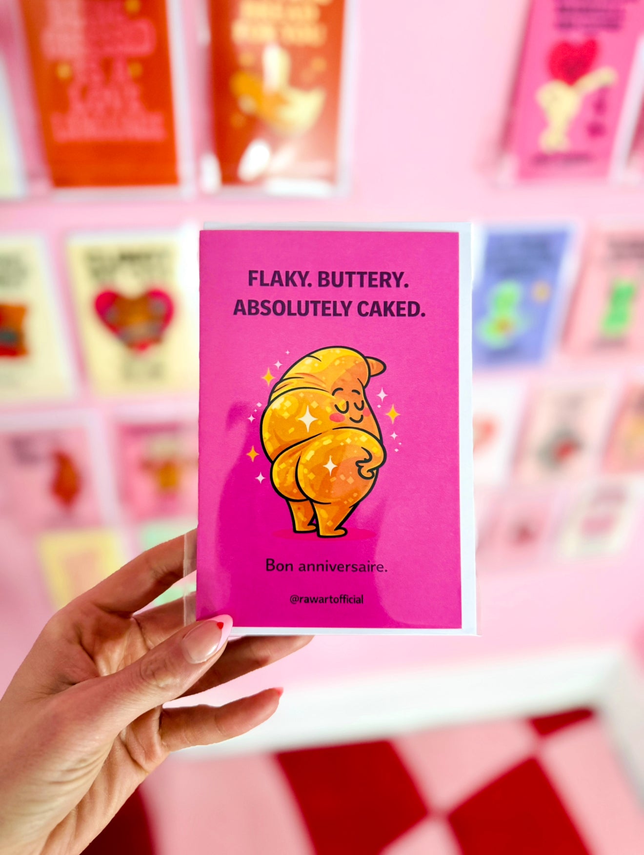 Funny croissant birthday card with thicc croissant posing and text flaky buttery absolutely caked bon anniversaire adult humor design