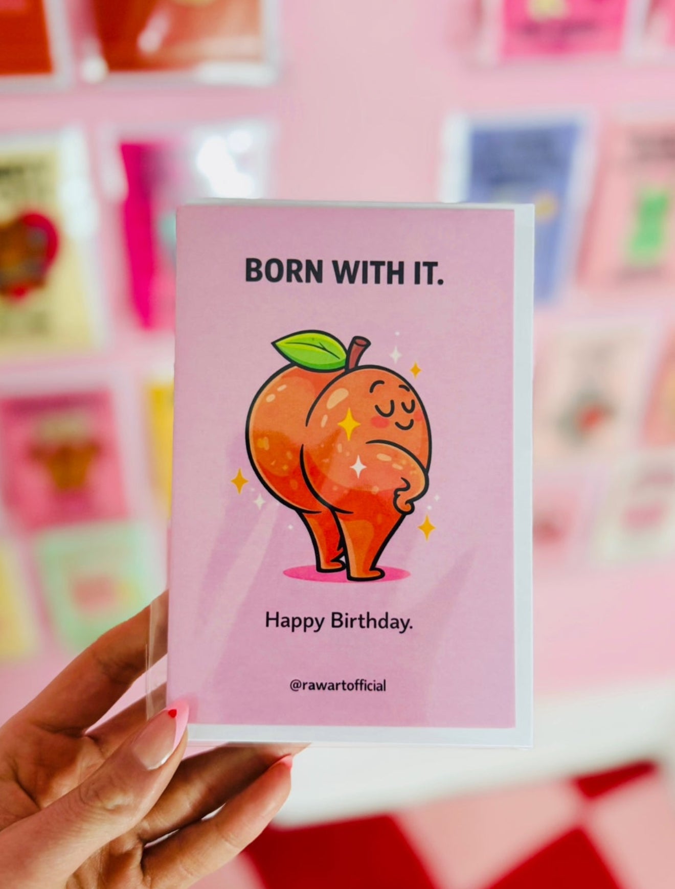 Funny peach birthday card with sassy peach character posing and text born with it happy birthday cute adult humor design