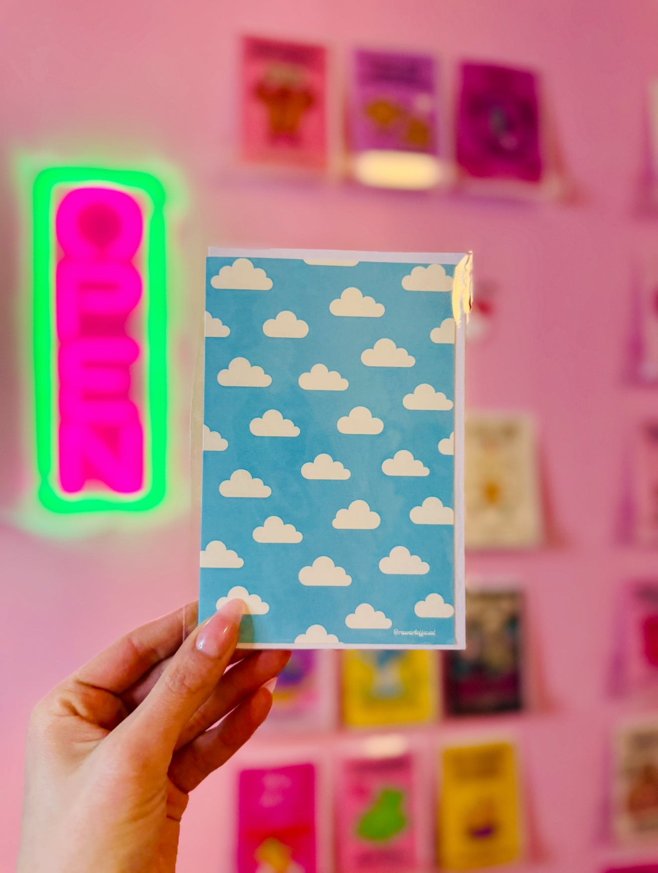 Pastel blue retro cloud greeting card with cute cream clouds in Y2K style