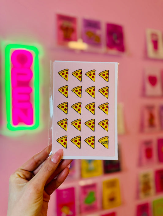 pink card with repeating pepperoni pizza slices cute food pattern design