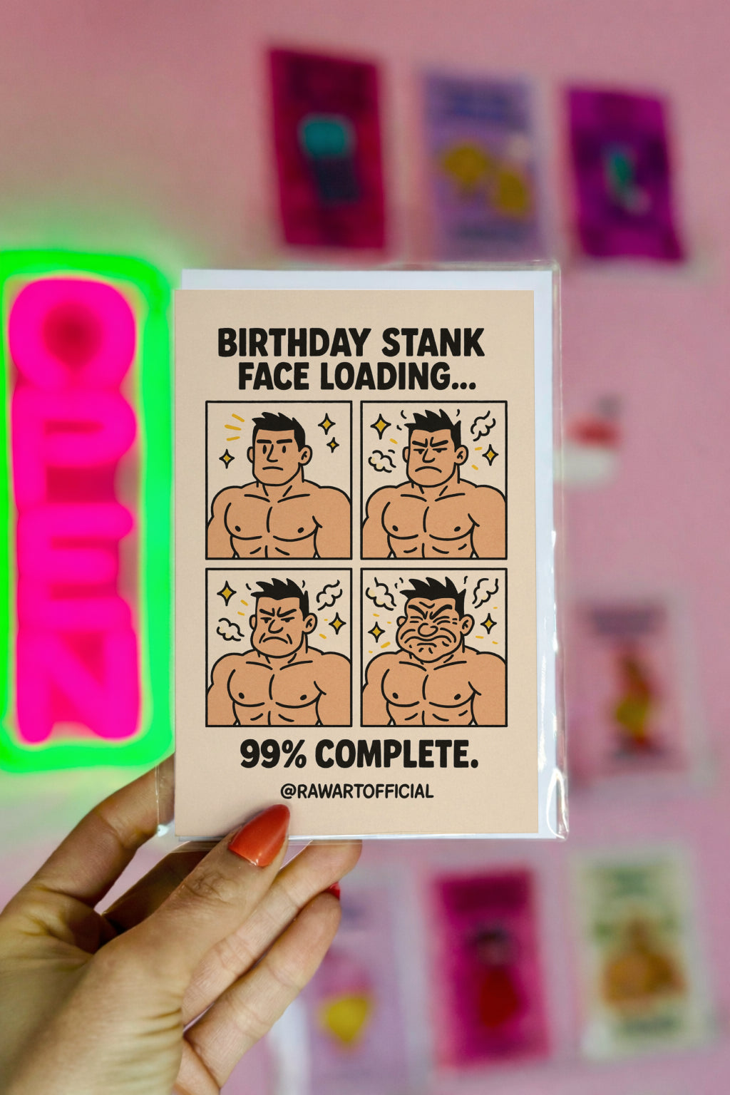 Muscular man comic panels showing stank face loading progression with birthday humor text.