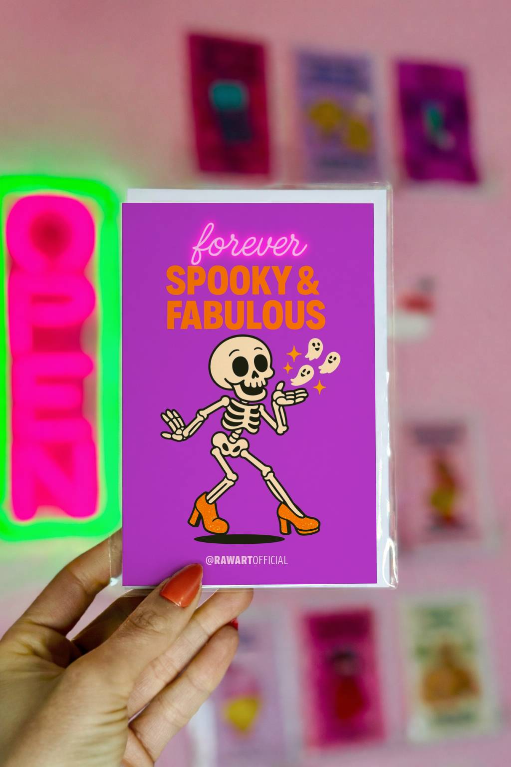 Retro skeleton in glitter heels blowing kisses with “Forever Spooky & Fabulous” text on purple card.