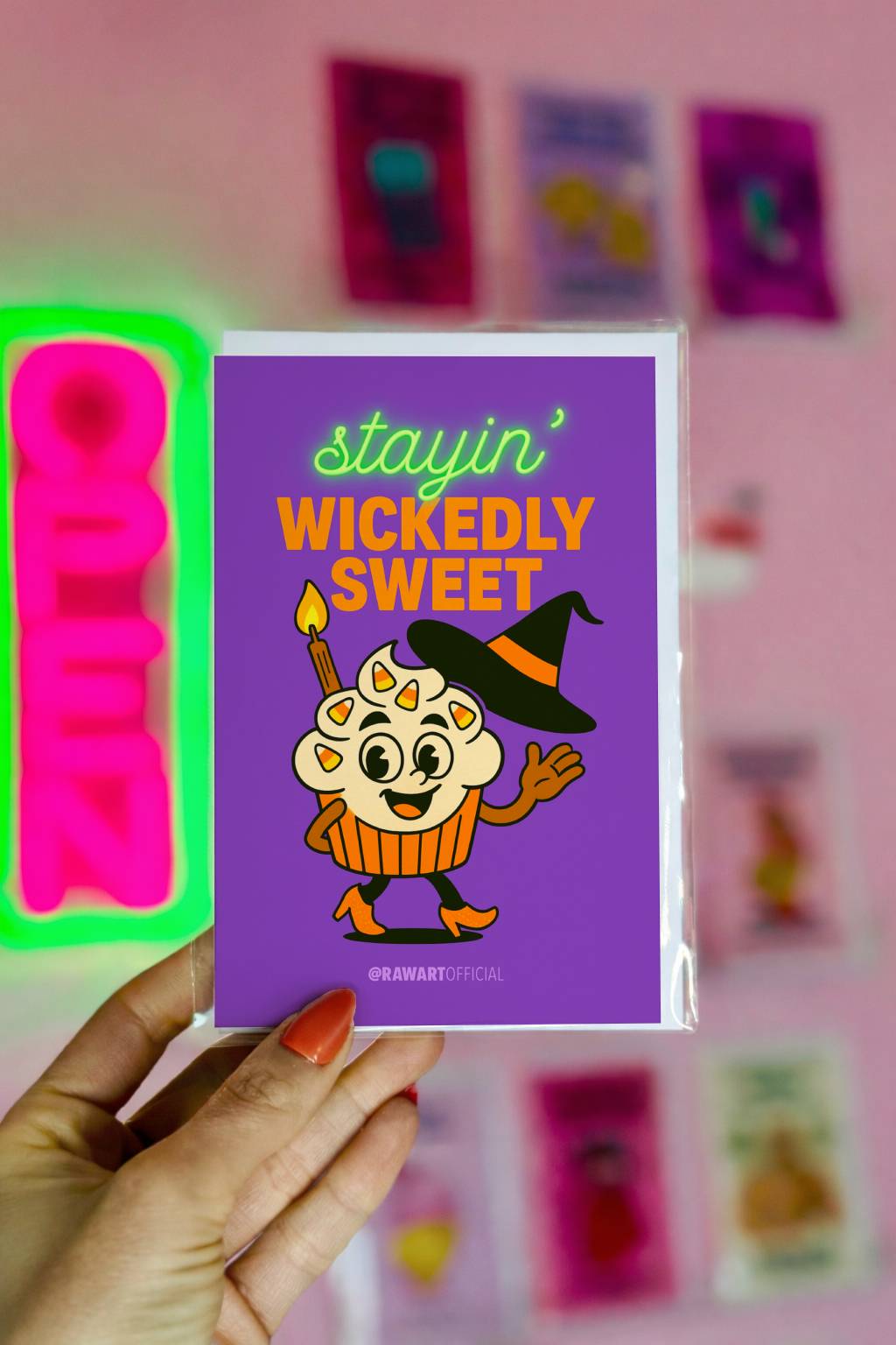 Retro witch cupcake Halloween card with candy corn sprinkles and pointy hat.