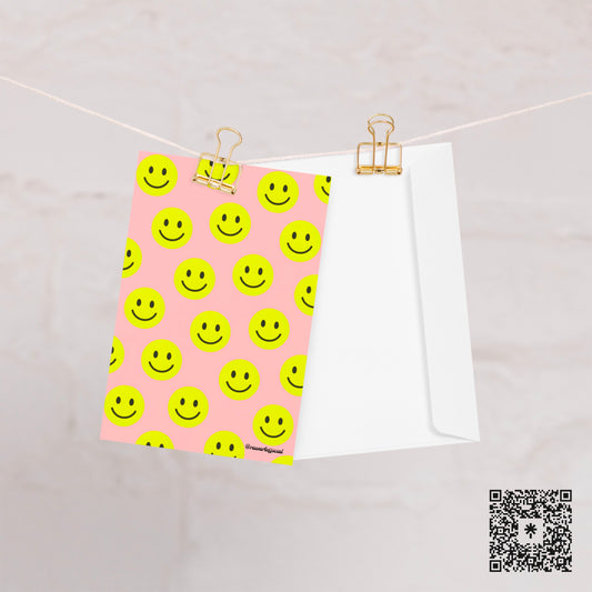 Retro Smiley Face Greeting Card: Bright Yellow Happy Face on Pink