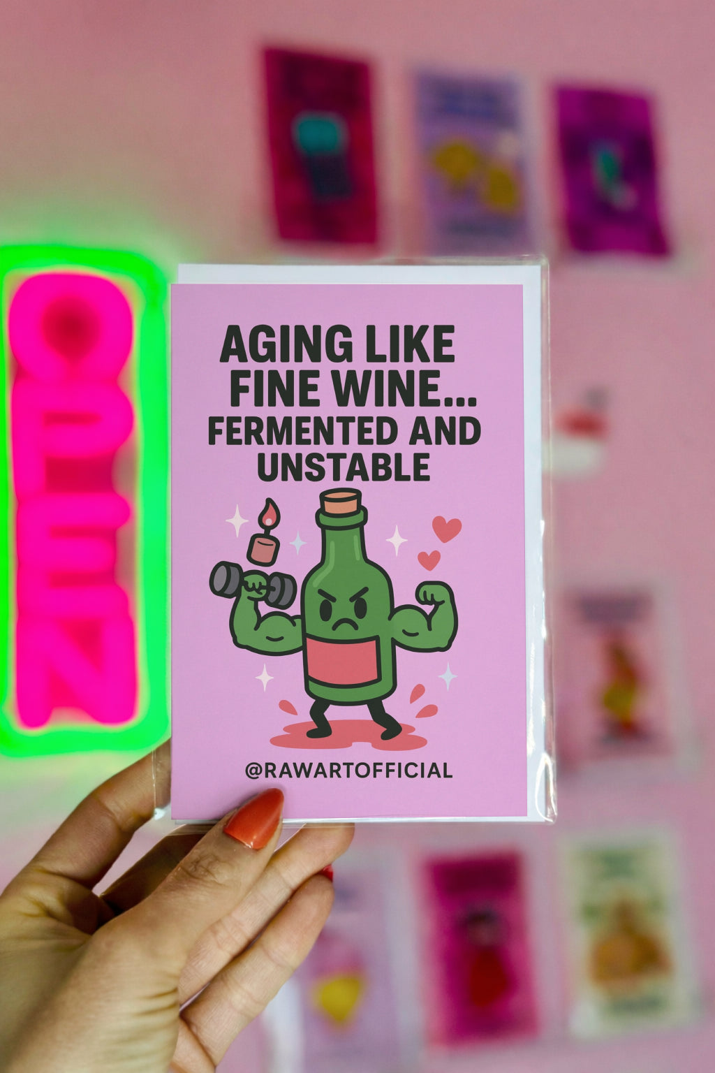 Funny wine birthday card with a muscular angry wine bottle and text “Aging like fine wine… fermented and unstable.”