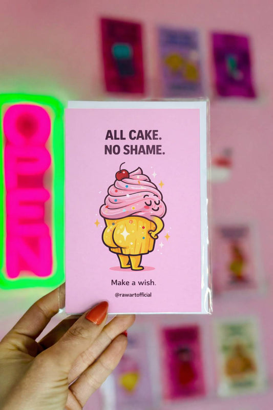 Funny cupcake birthday card with sassy cupcake character and text all cake no shame make a wish cute adult humor design