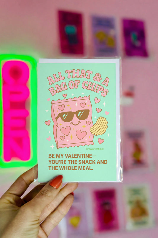 Funny retro Valentine card with a pink cartoon chip bag wearing sunglasses and hearts, captioned “All That & A Bag of Chips.”