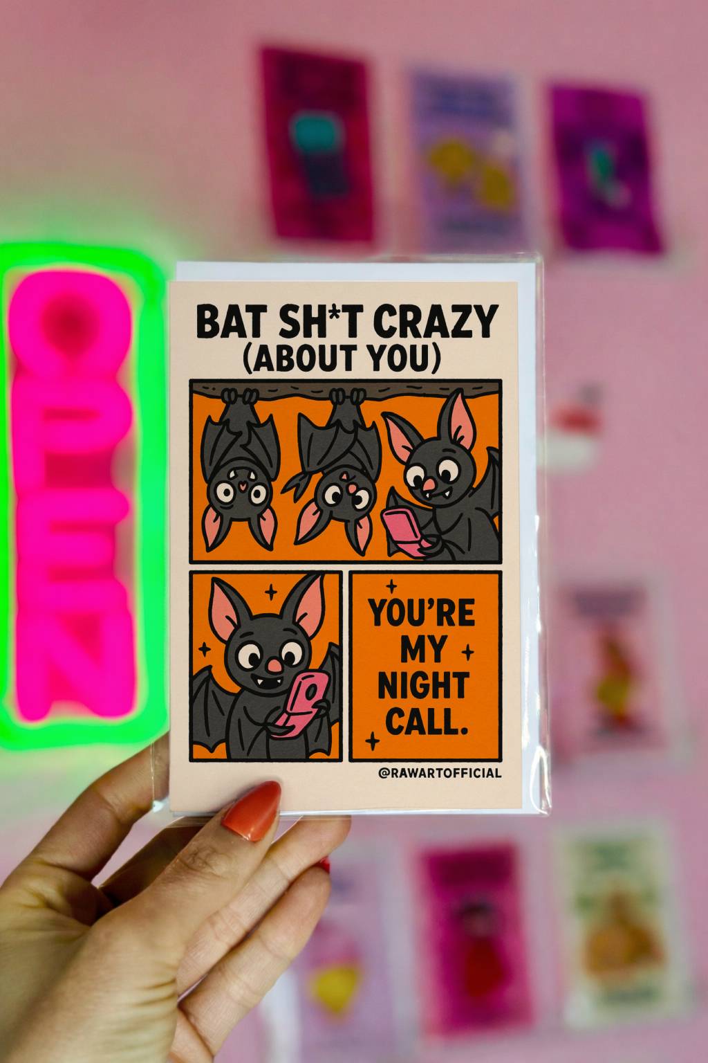 Retro bat love card with “Bat Sh*t Crazy About You” text, funny spooky Halloween design