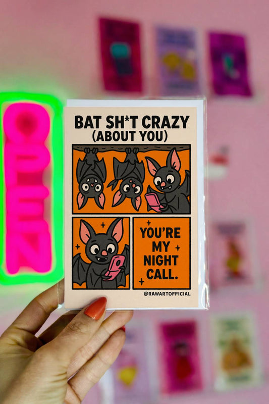 Retro bat love card with “Bat Sh*t Crazy About You” text, funny spooky Halloween design