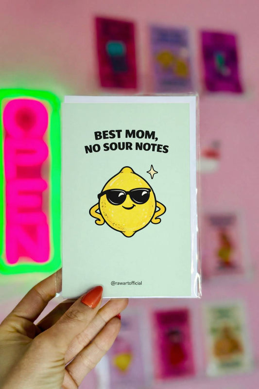 Mother’s Day card featuring a cool lemon wearing sunglasses with the text “Best Mom, No Sour Notes” on a soft green background.