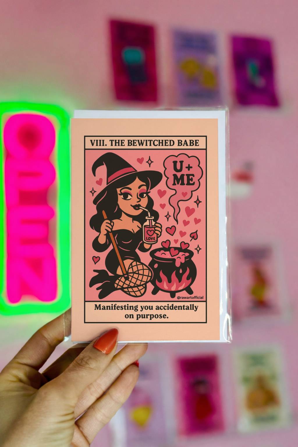 Retro pink witch sipping love potion over cauldron with hearts, “Bewitched Babe” spooky Valentine card.