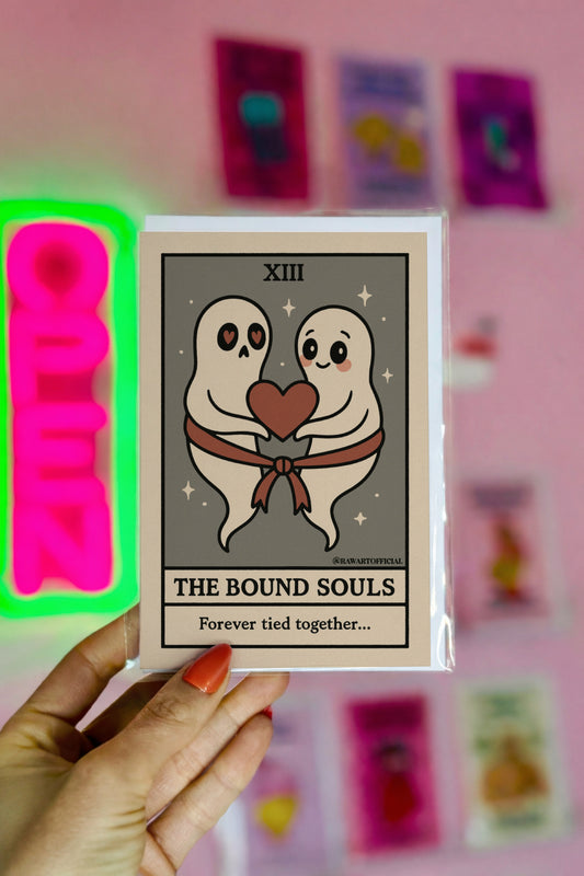 Two ghosts tied with a ribbon holding a heart with text “The Bound Souls – Forever tied together.”
