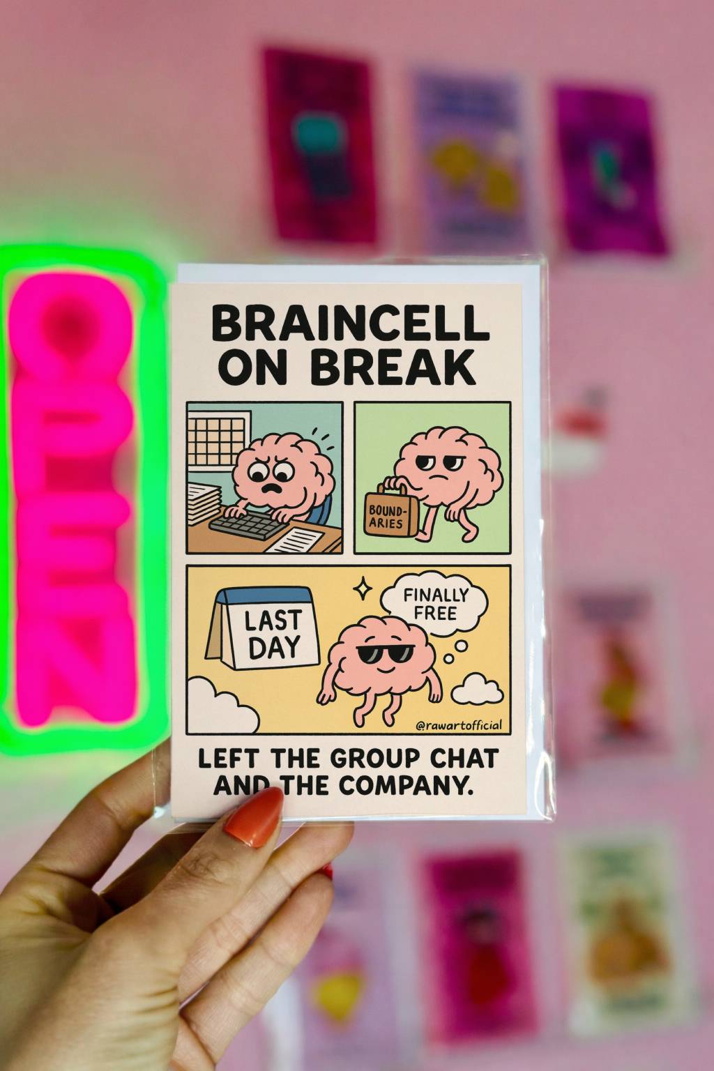 Retro resignation card featuring a cartoon brain leaving work with the phrase “Braincell on Break” and “Left the Group Chat and the Company.”