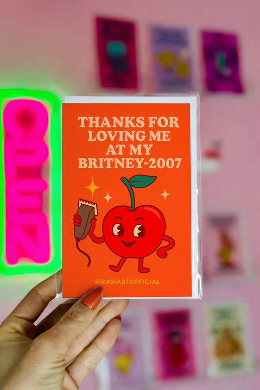 Retro cherry cartoon holding clippers with text “Thanks for Loving Me at My Britney-2007” funny greeting card.