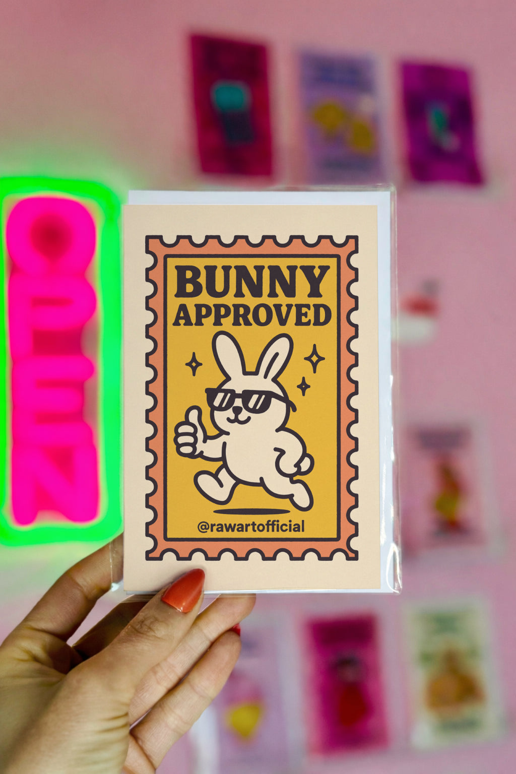 yellow retro easter card with sunglasses bunny giving thumbs up inside stamp border bunny approved text