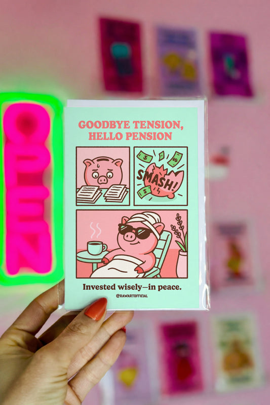 Mint green retirement card featuring a relaxed pig with sunglasses and the phrase “Goodbye Tension, Hello Pension.”
