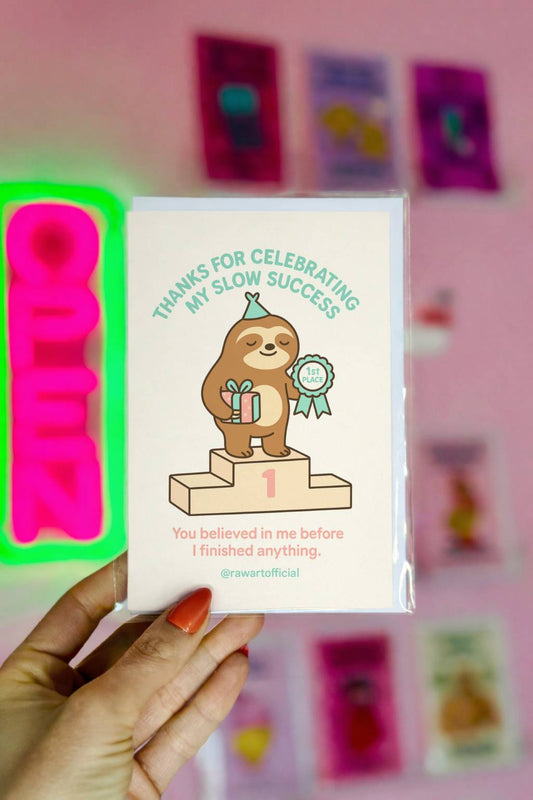 Slow Success Thank You Card – Sloth Celebration