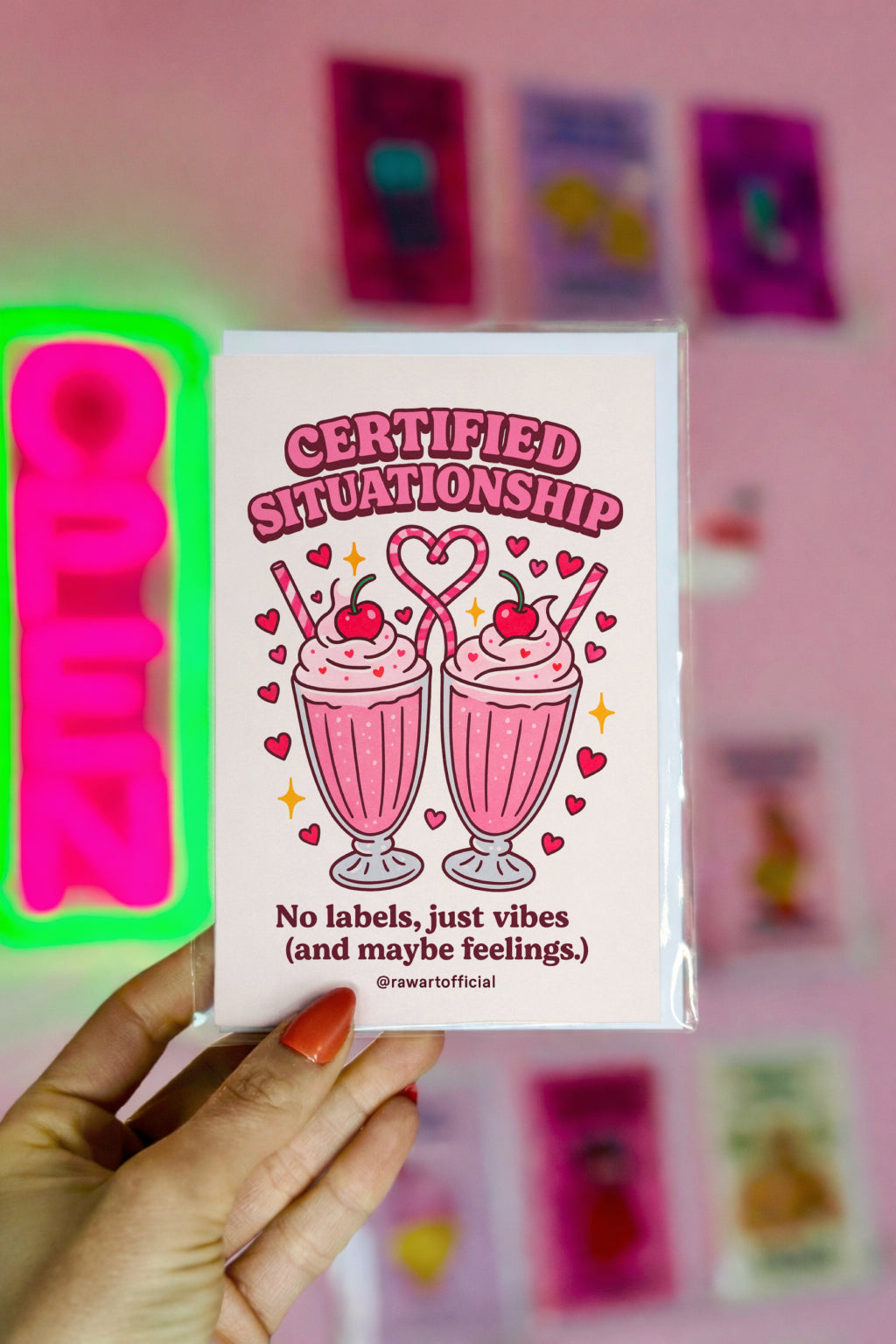 Retro Valentine card with two pink milkshakes topped with cherries and heart straws, captioned “Certified Situationship – No labels, just vibes.”