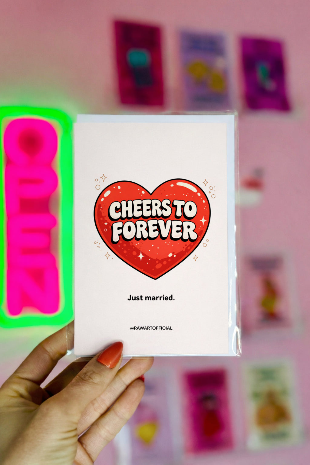 Funny wedding congratulations card with red heart and text cheers to forever just married modern wedding humor design