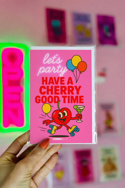 Retro cherry character on roller skates holding balloons and martini, pink neon background, text says “Have a Cherry Good Time.”