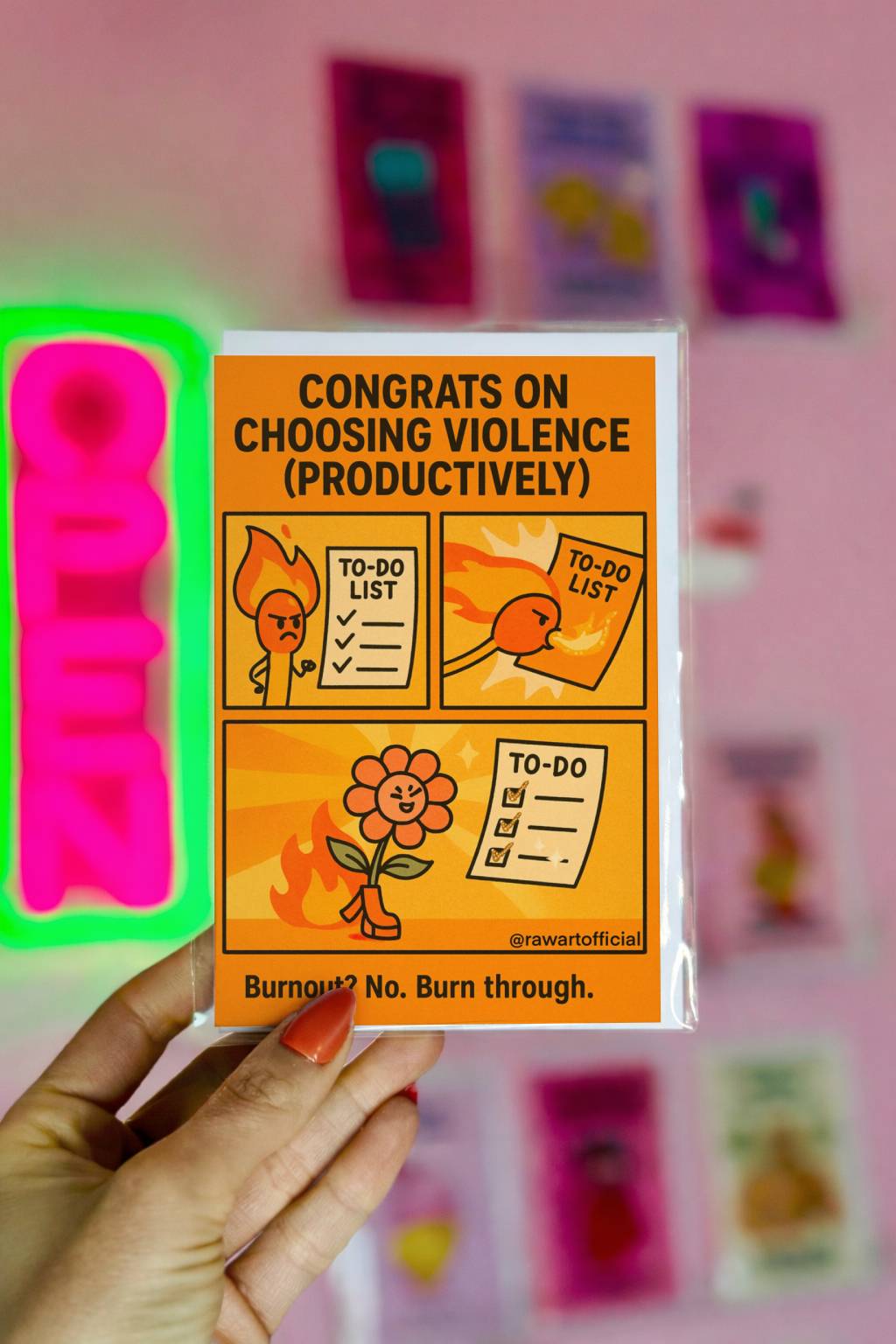 Funny coworker card with comic design and text “Congrats on choosing violence productively” with burnout humor theme.
