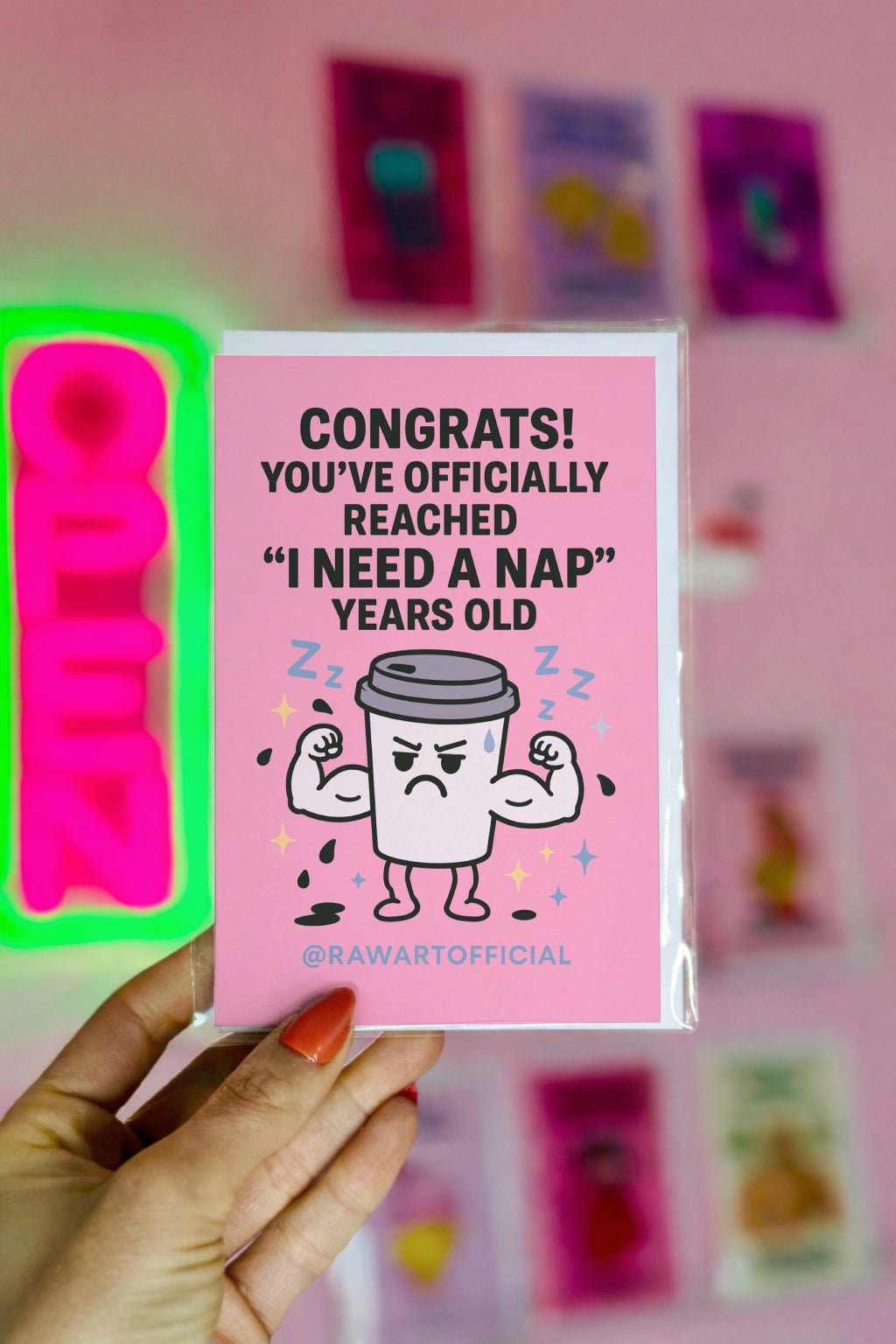Funny birthday card with muscular coffee cup flexing and the text “I Need a Nap Years Old.”