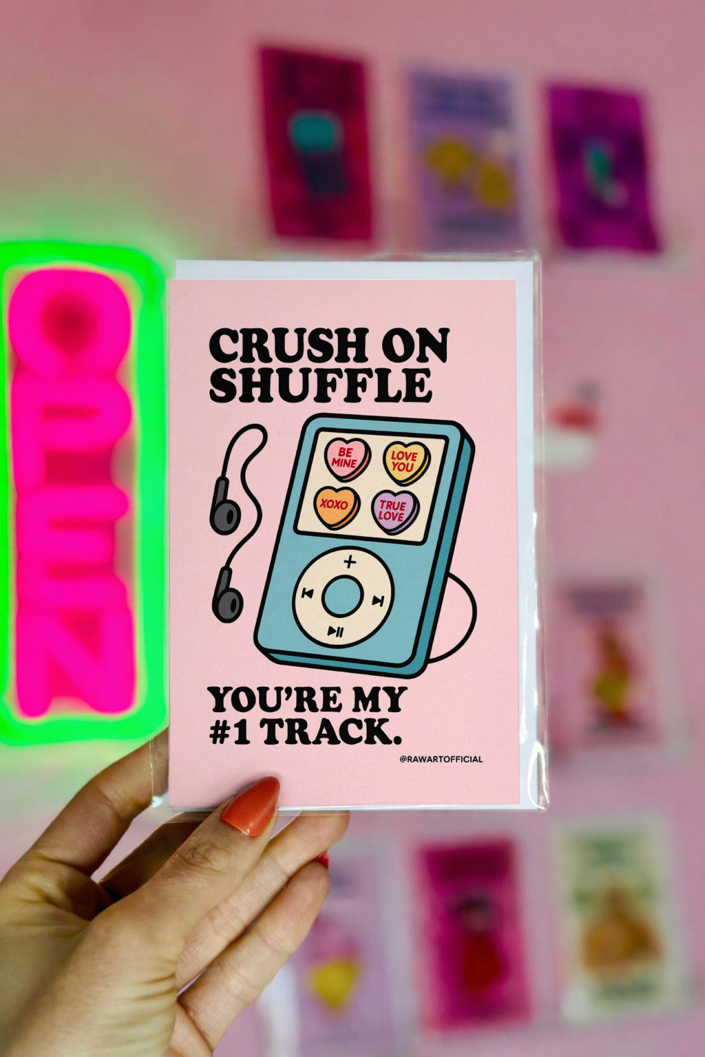 Retro teal music player with candy hearts on the screen and text “Crush on Shuffle – You’re My #1 Track” on pink background.
