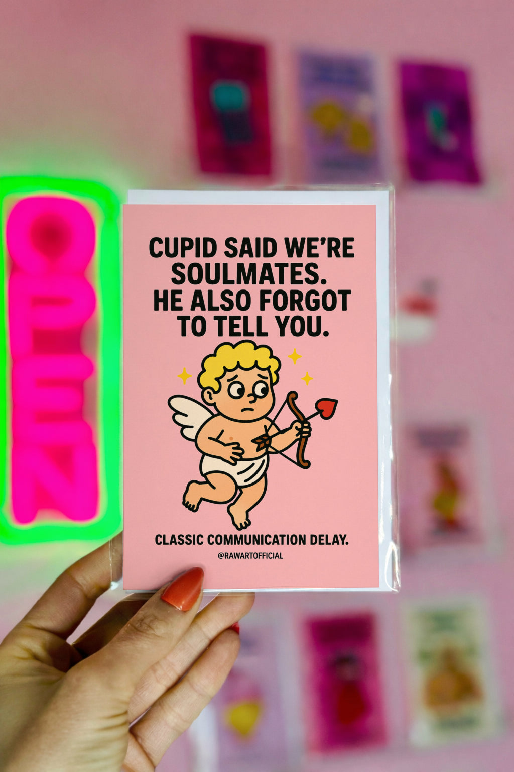 Cute anxious cupid holding heart arrow on pink background with funny soulmate communication quote.