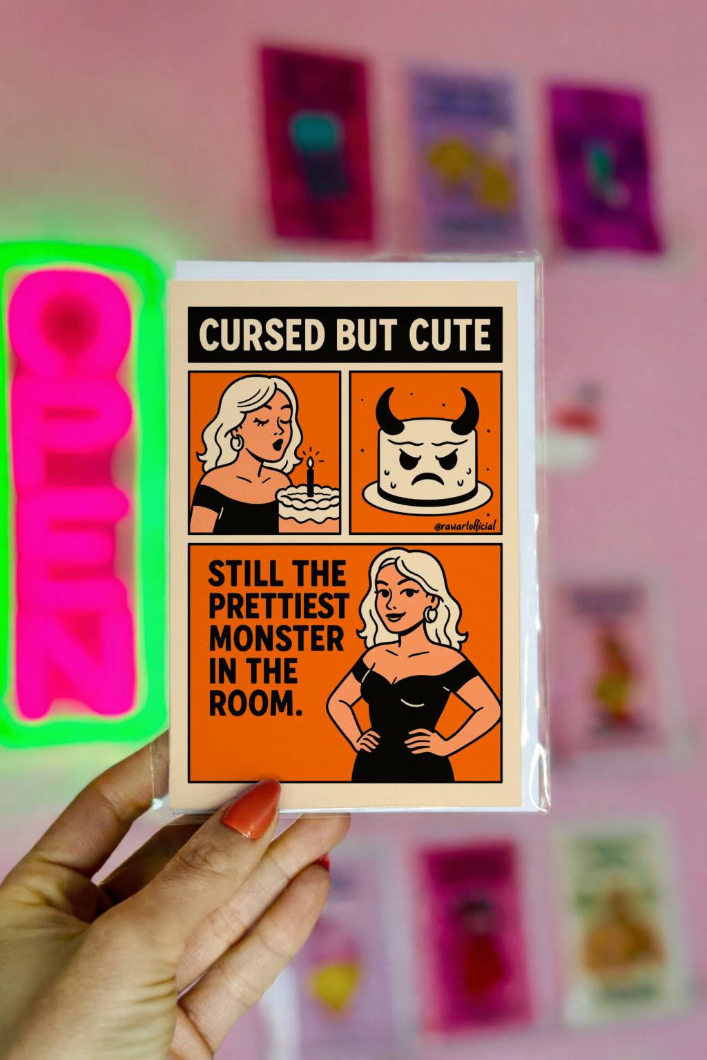 Retro goth birthday card with blonde monster girl and cursed cake, text "Cursed But Cute"