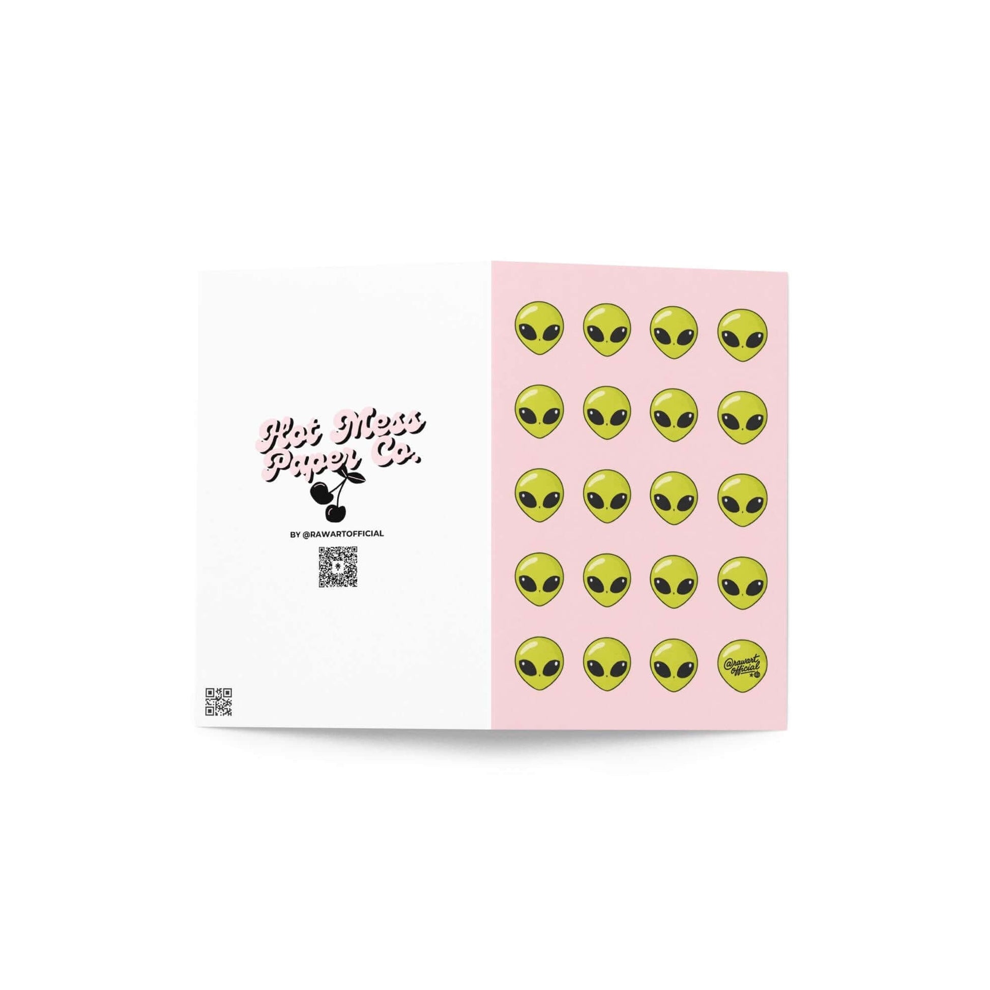pink card with repeating green alien heads cute space pattern design