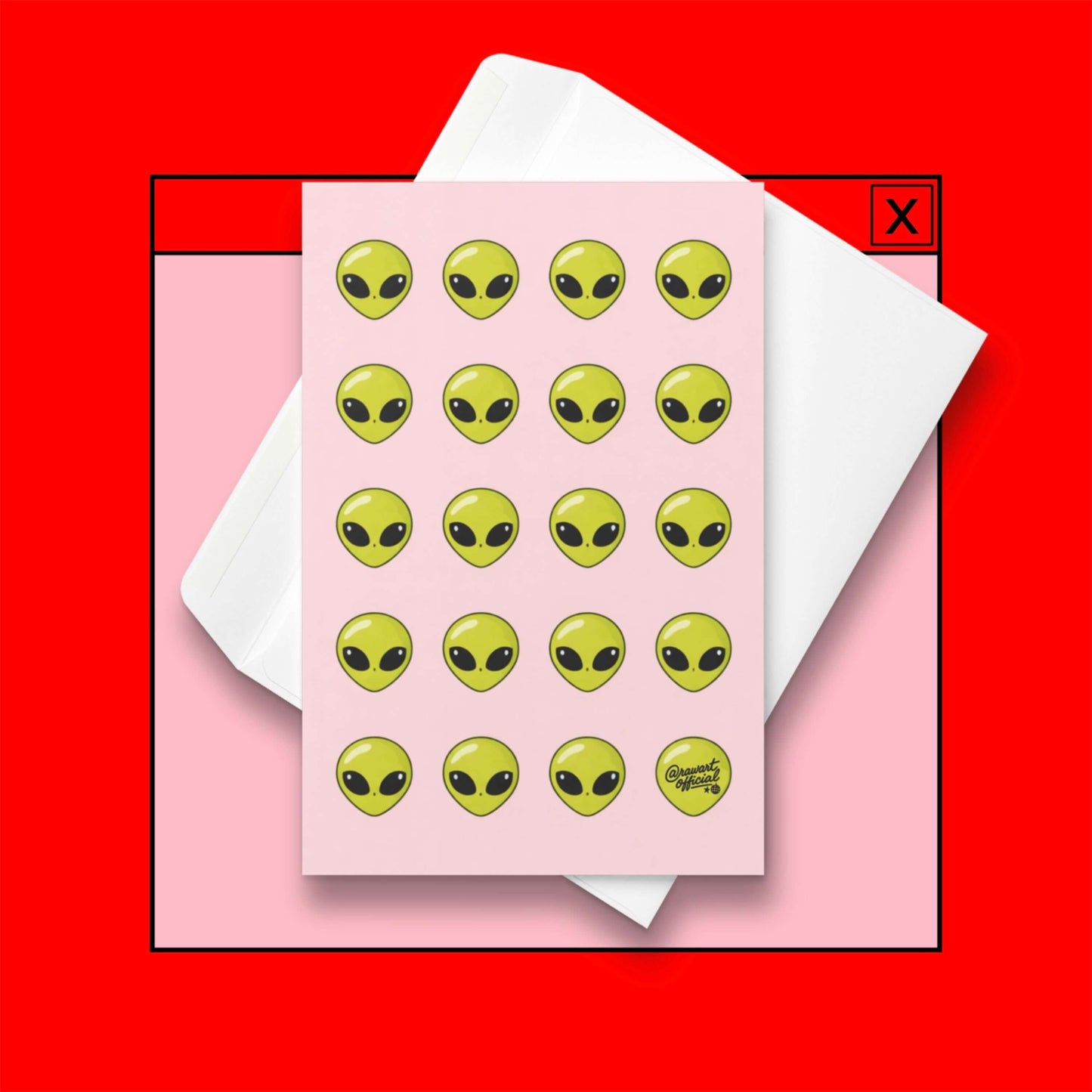 pink card with repeating green alien heads cute space pattern design