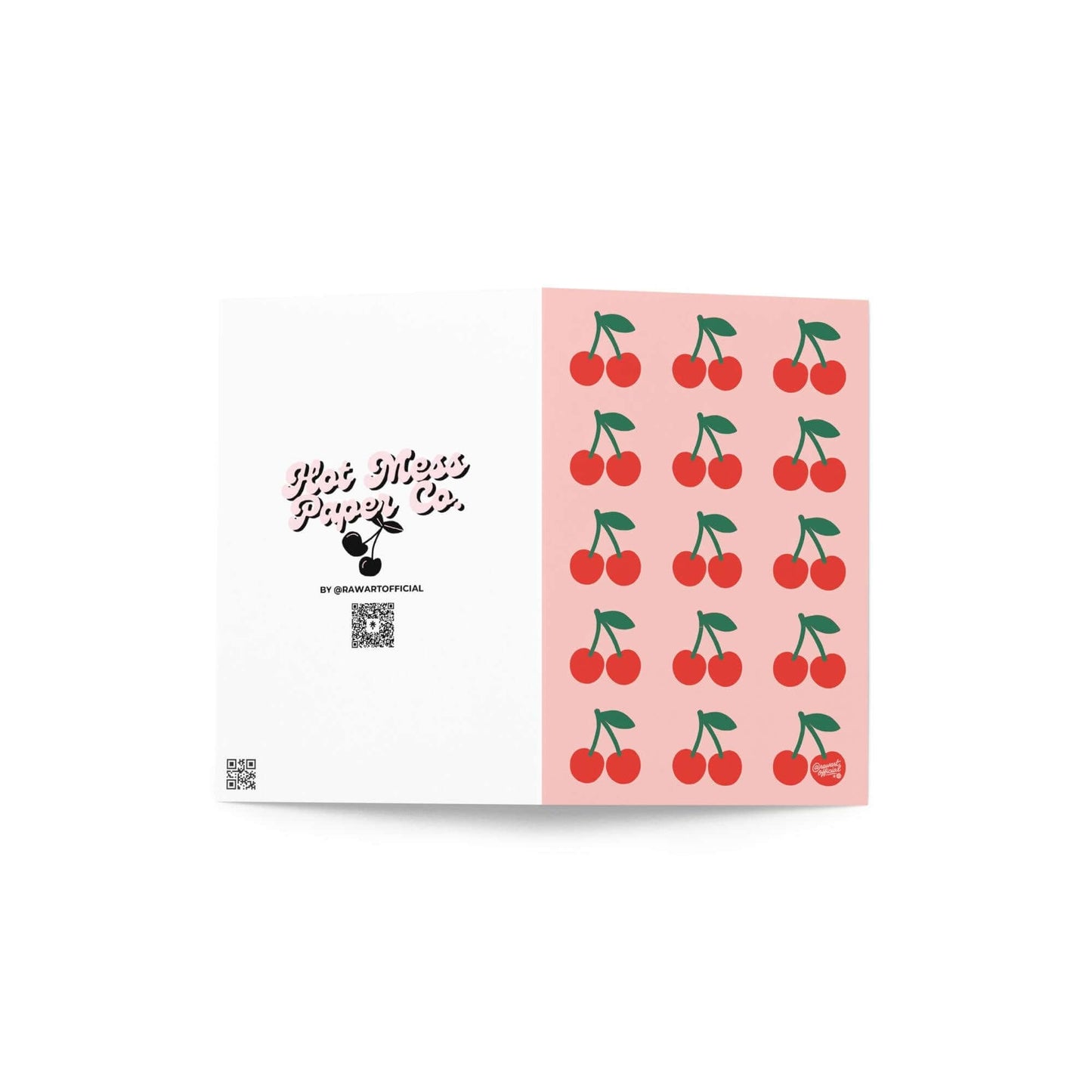 Cute cherry pattern card with rows of red cherries on a pink background retro fruit aesthetic design