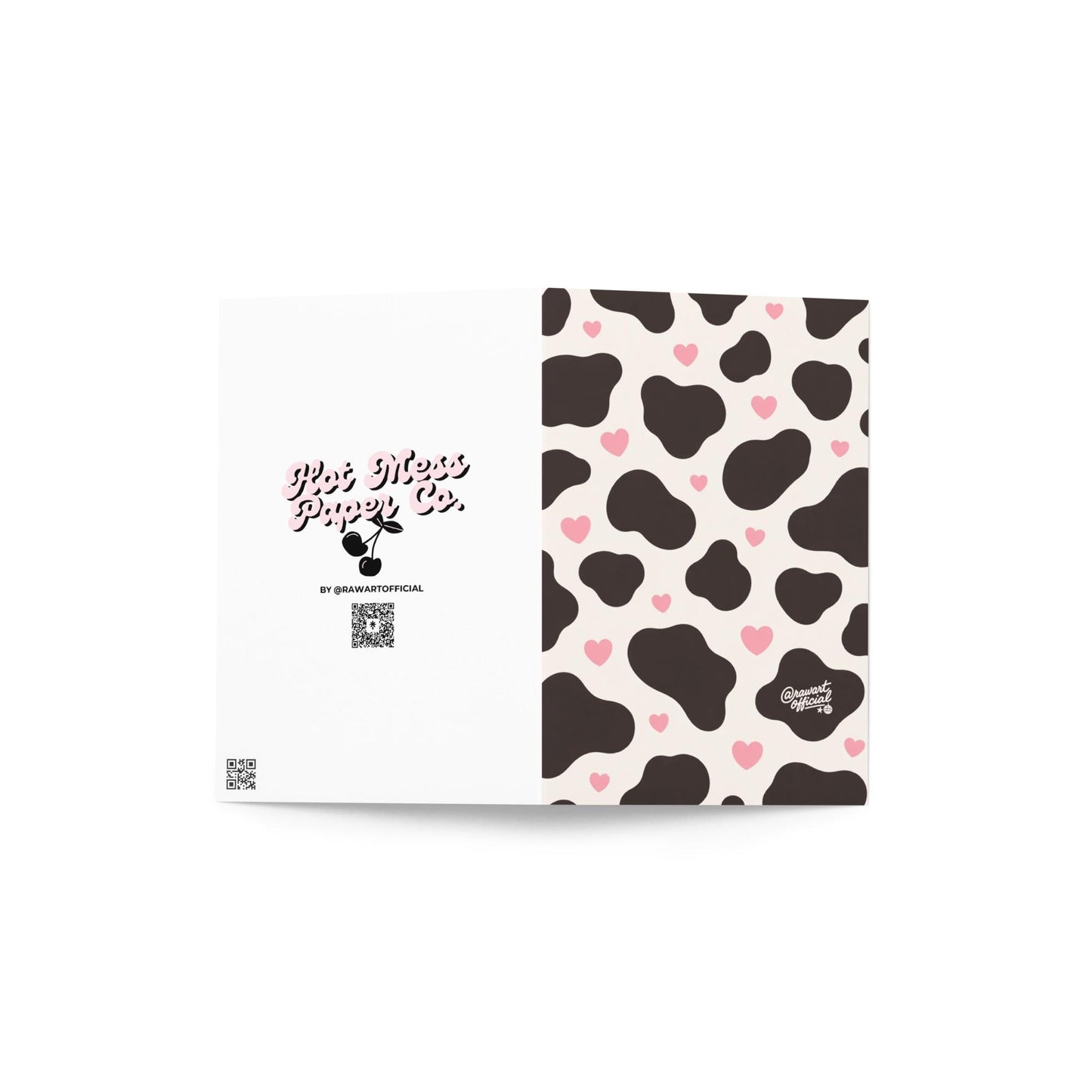 Cute cow print card with dark cow spots and scattered pink hearts aesthetic pattern design on cream background
