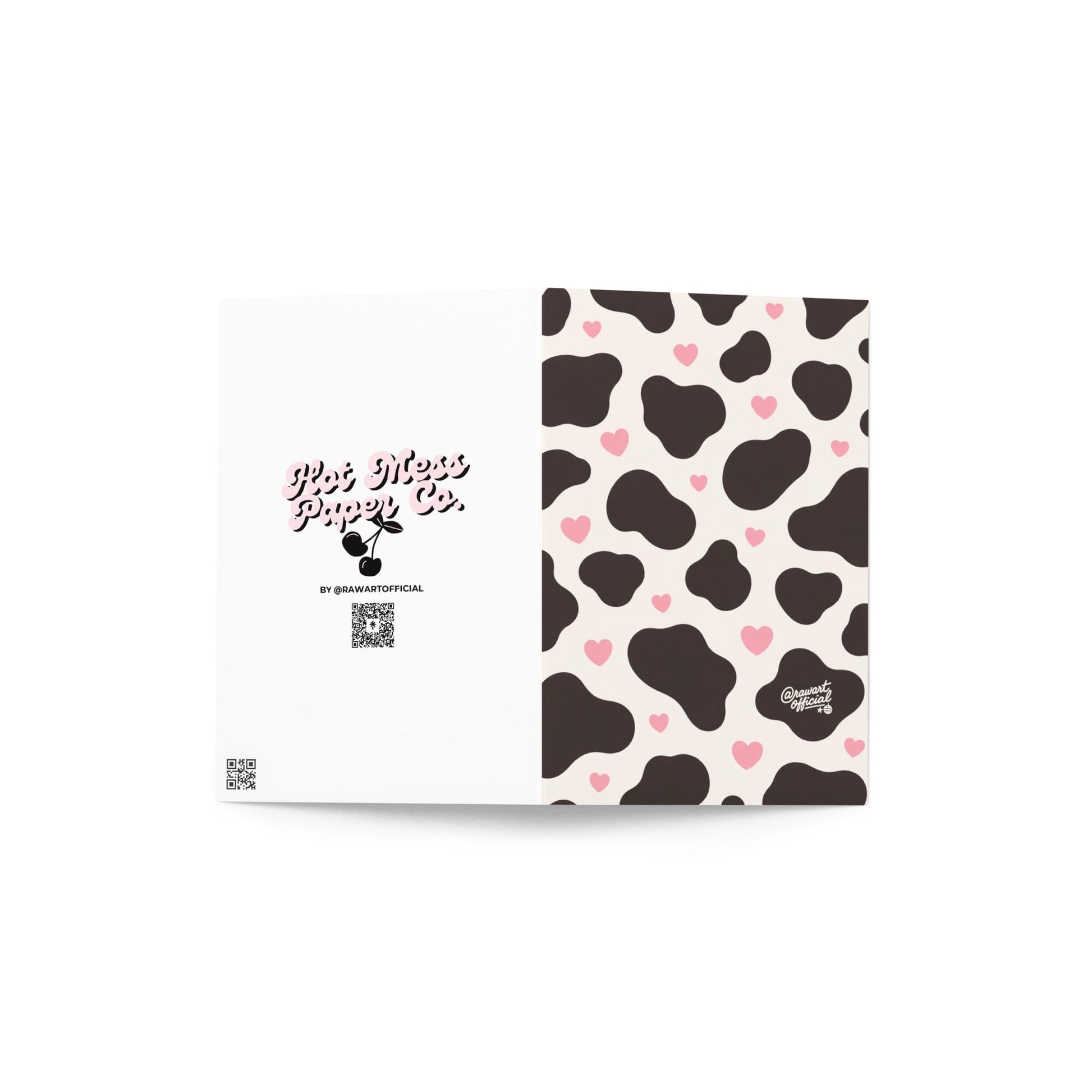 Cute cow print card with dark cow spots and scattered pink hearts aesthetic pattern design on cream background