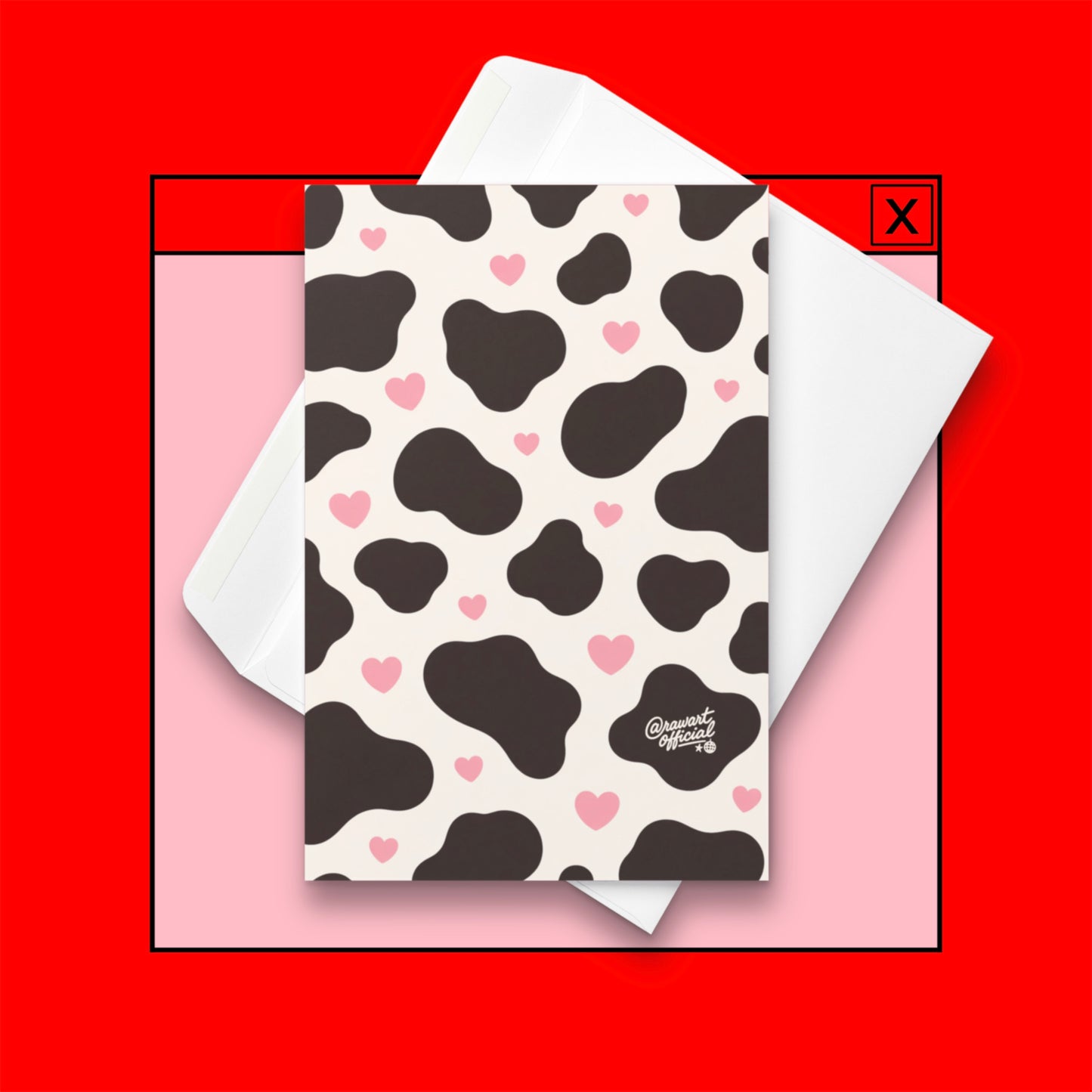 Cute cow print card with dark cow spots and scattered pink hearts aesthetic pattern design on cream background