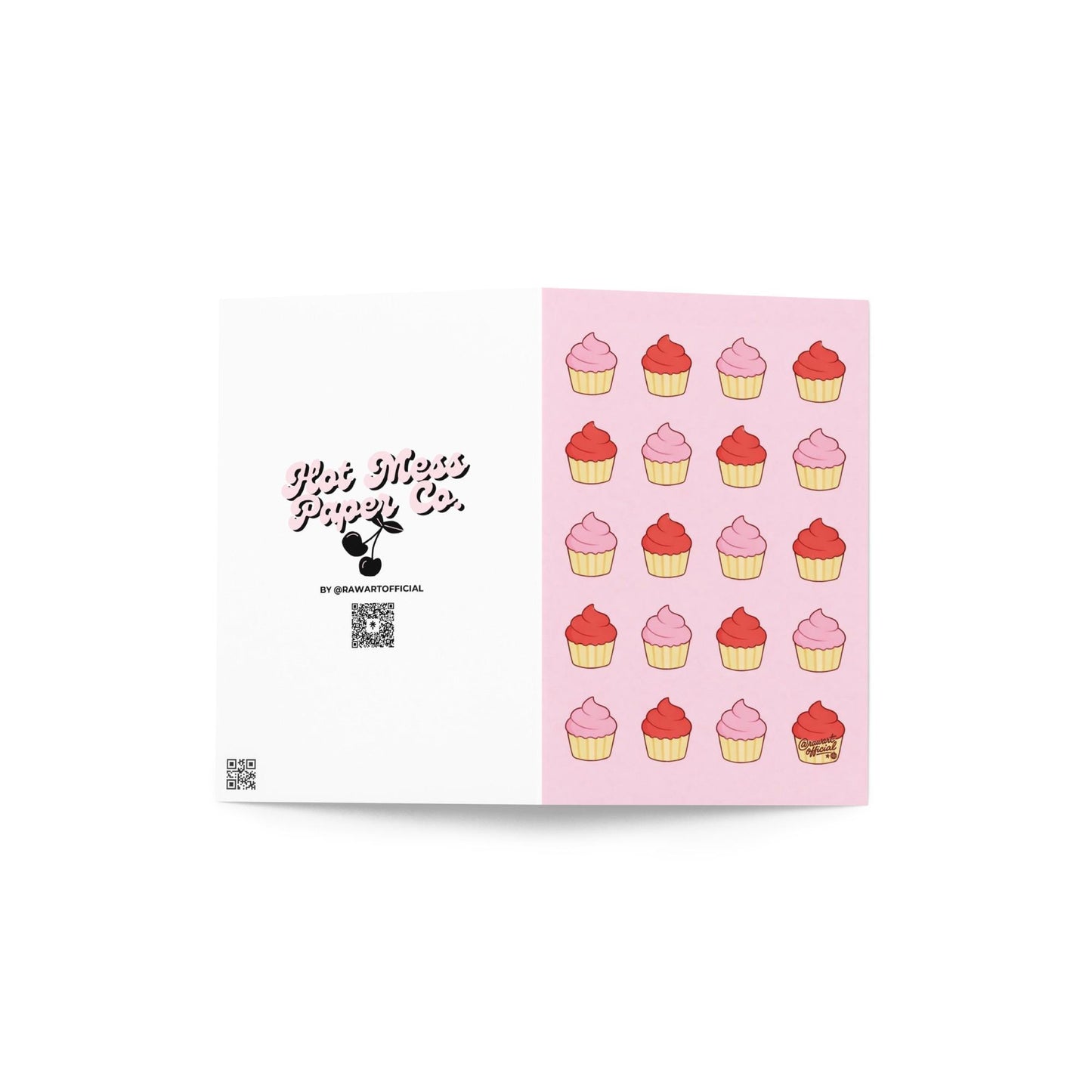 Cute cupcake pattern card with pink and red cupcakes on pastel background sweet bakery design