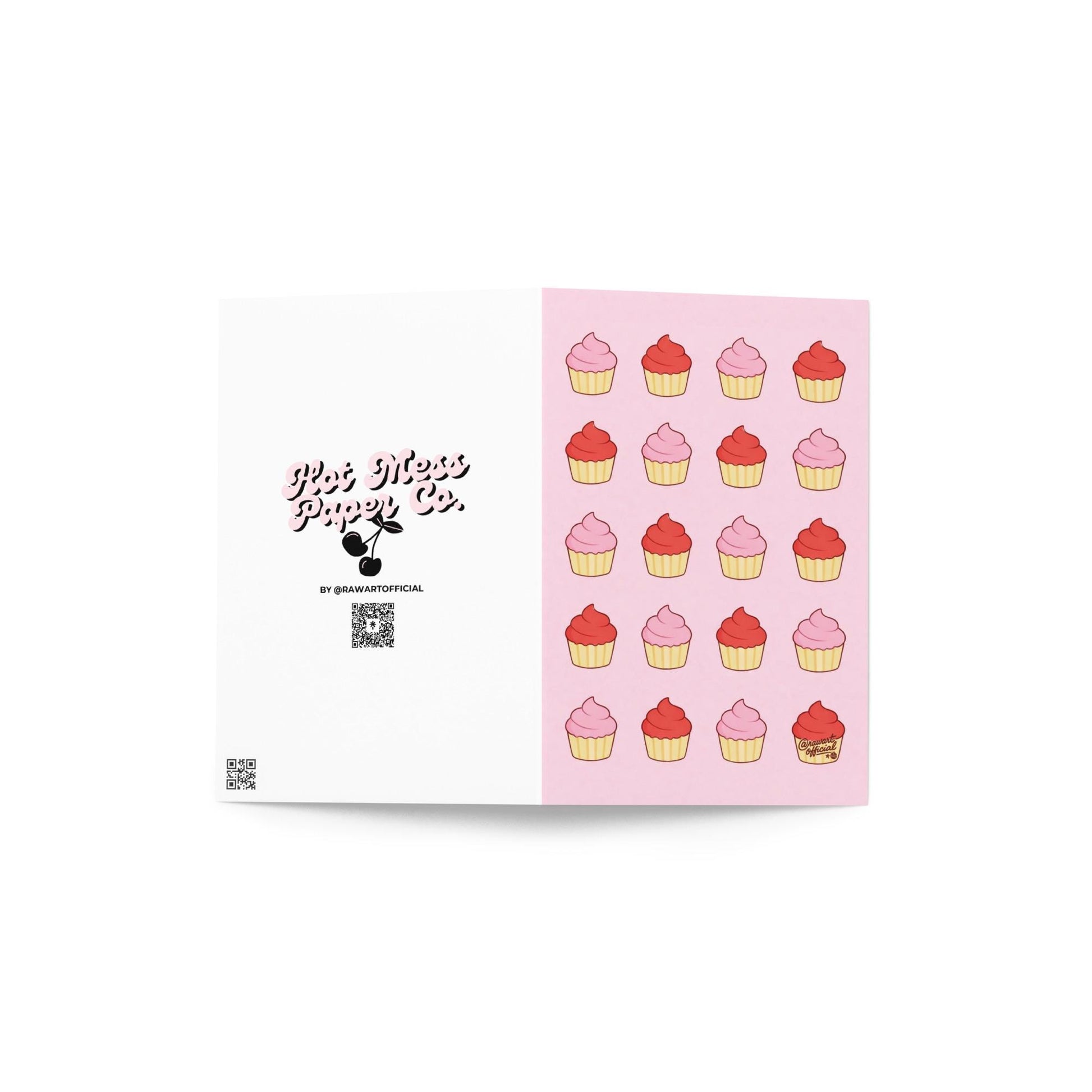 Cute cupcake pattern card with pink and red cupcakes on pastel background sweet bakery design