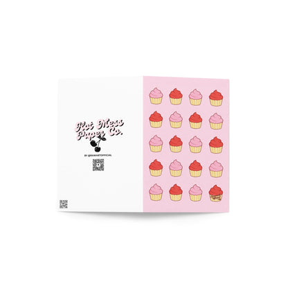 Cute cupcake pattern card with pink and red cupcakes on pastel background sweet bakery design