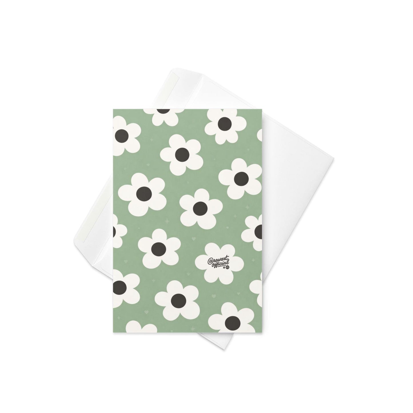 Cute daisy pattern card with white retro flowers and dark centers on sage green background aesthetic floral design
