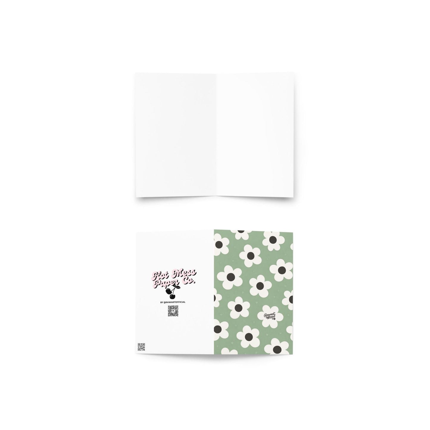 Cute daisy pattern card with white retro flowers and dark centers on sage green background aesthetic floral design