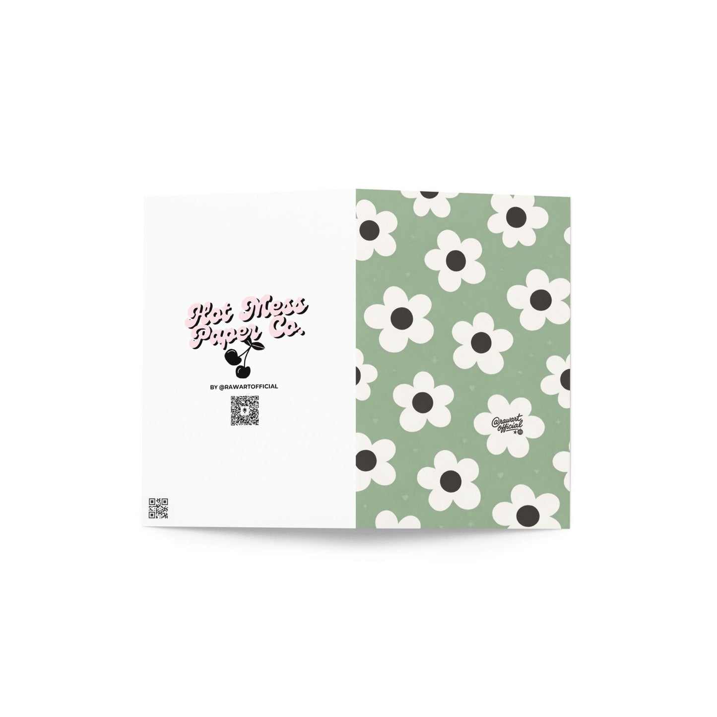 Cute daisy pattern card with white retro flowers and dark centers on sage green background aesthetic floral design
