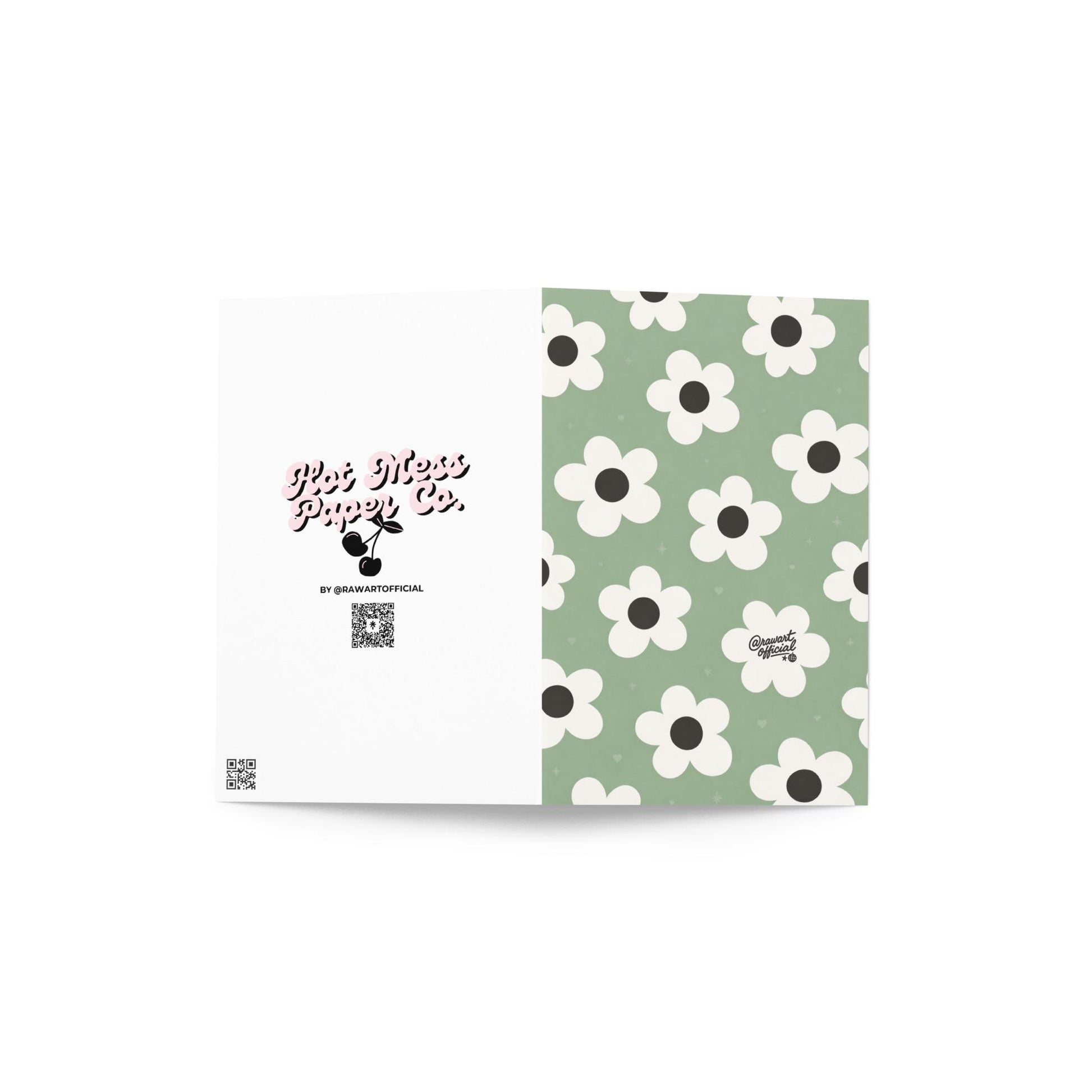 Cute daisy pattern card with white retro flowers and dark centers on sage green background aesthetic floral design