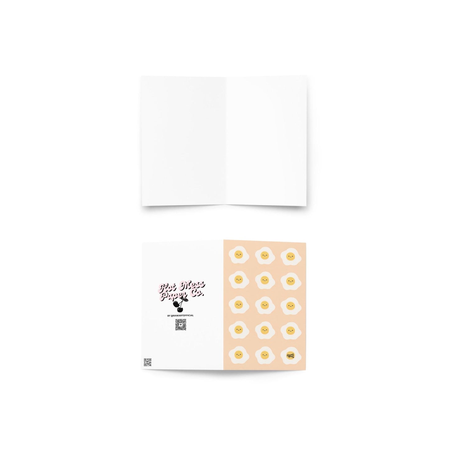 pink card with repeating cute smiley fried eggs breakfast pattern