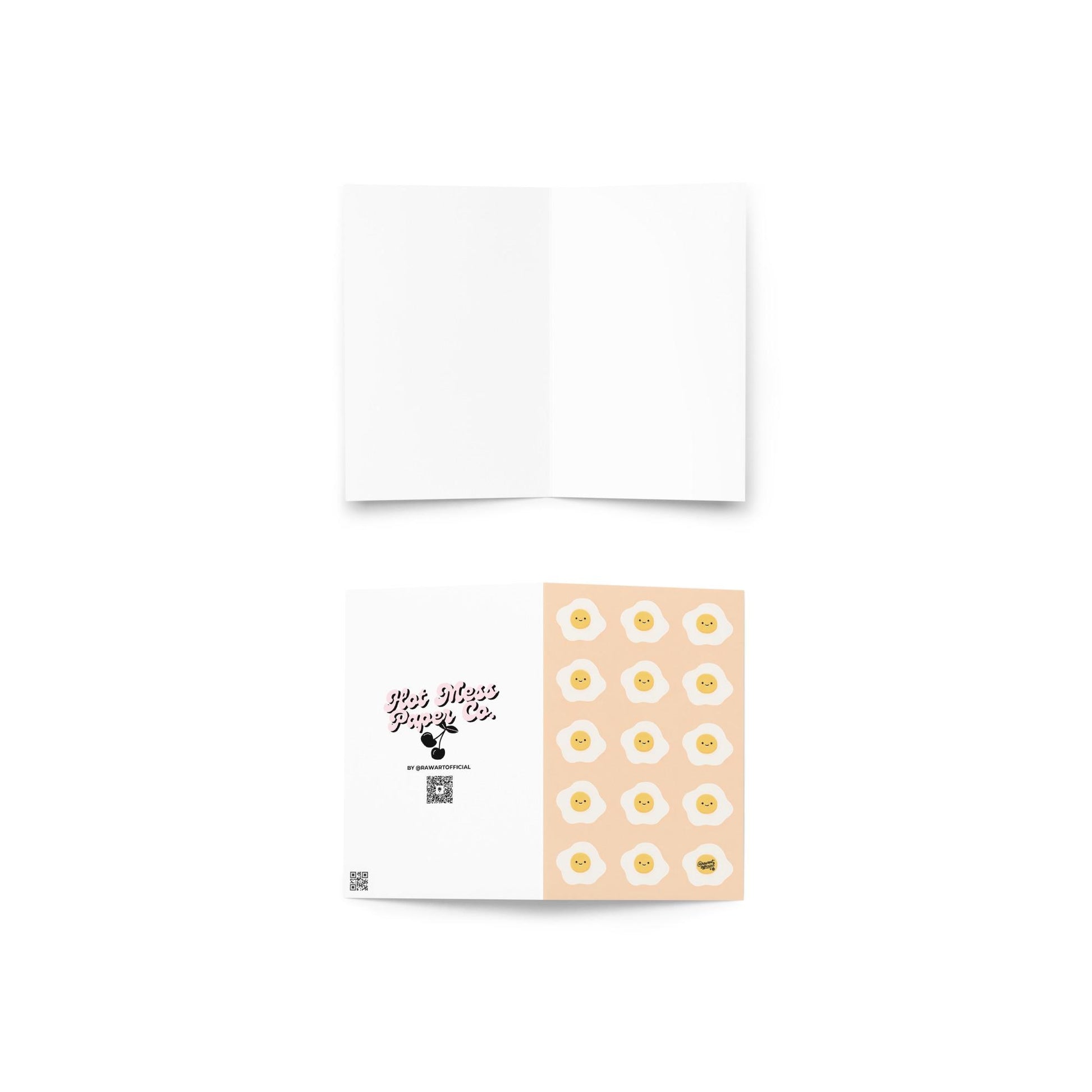 pink card with repeating cute smiley fried eggs breakfast pattern